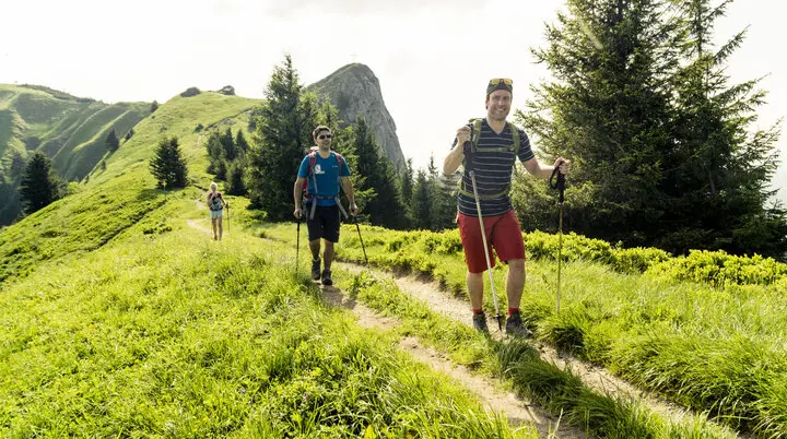 Zwei Wanderer mit Stöcken marschieren über einen grünen Bergpfad | © DAV/Hans Herbig
