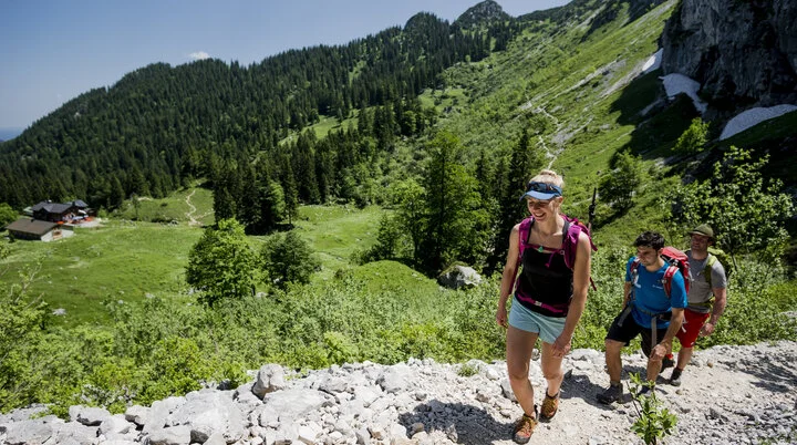 Zwei Wanderer wandern im Sommer auf einem steinigen Pfad im Chiemgau den Berg hinauf | © DAV/Hans Herbig